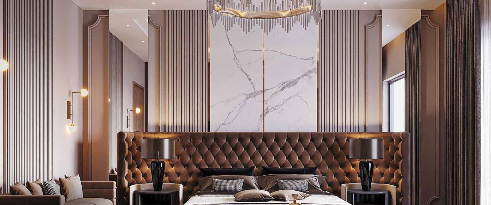 Principal suite visualisation with marble feature wall