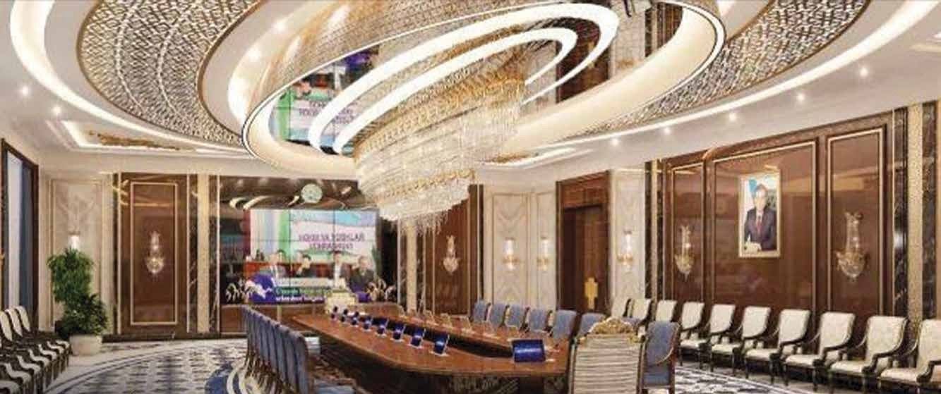 Boardroom with coffered ceiling and inlaid floor