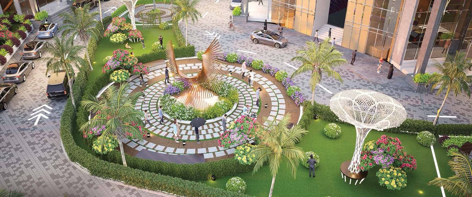 Landscaped civic plaza with water feature