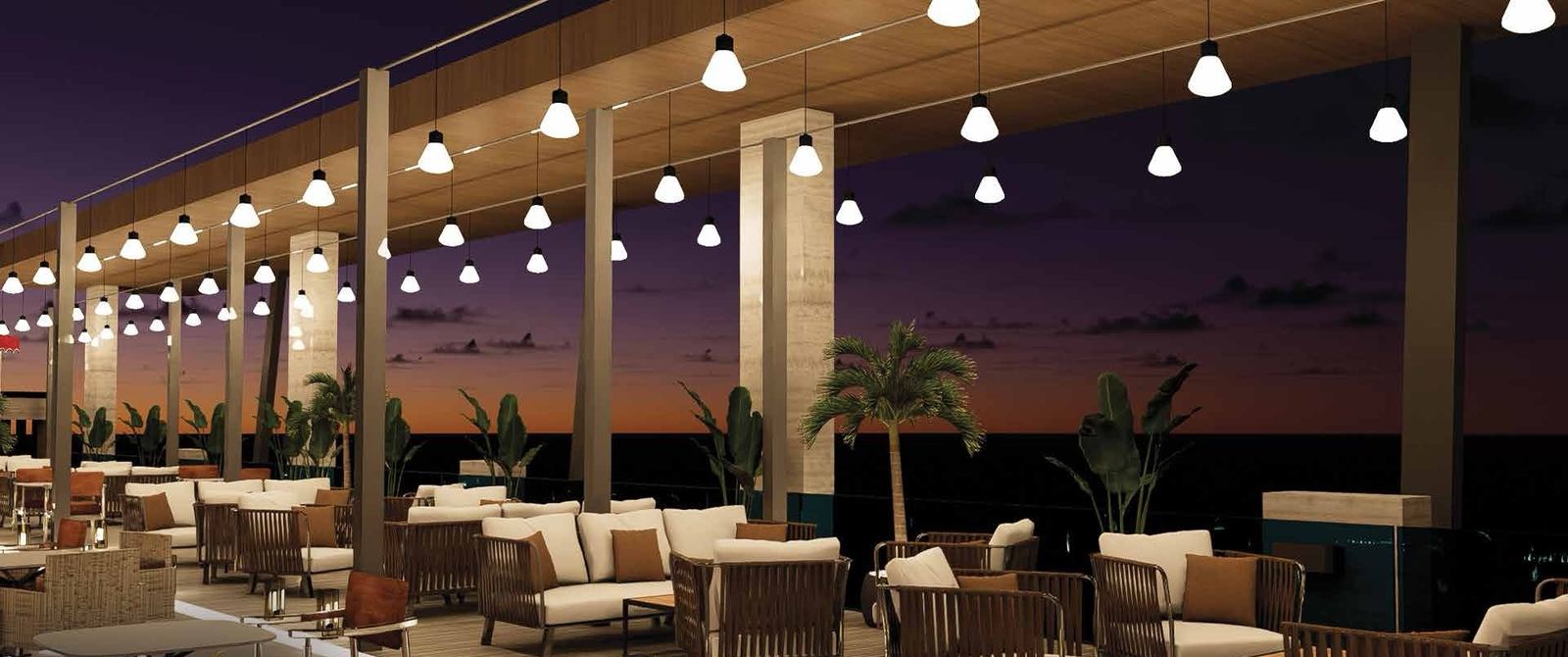 Rooftop terrace lounge at dusk