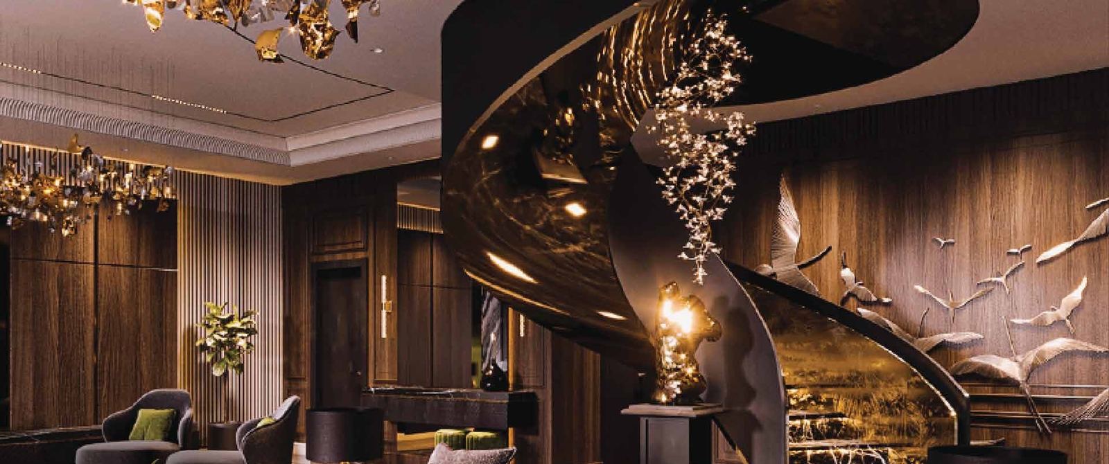 Sculptural stair hall with cascading light installation