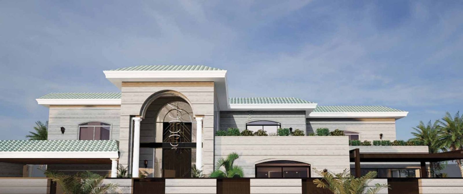 Neoclassical villa with arched entry and travertine facade